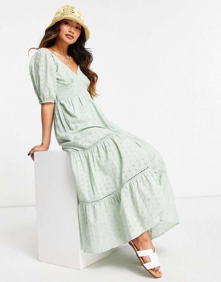Asos Design Broderie Shirred Waist Lace Insert Maxi Dress In Sage Green
