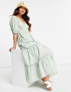 Asos Design Broderie Shirred Waist Lace Insert Maxi Dress In Sage Green
