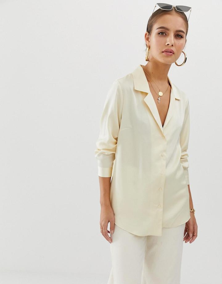 Asos Design Relaxed Satin Long Sleeve Shirt - Cream