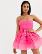 Lace & Beads Structured Tulle Mini Dress With Built In Bodysuit In Bright Fuchsia-pink