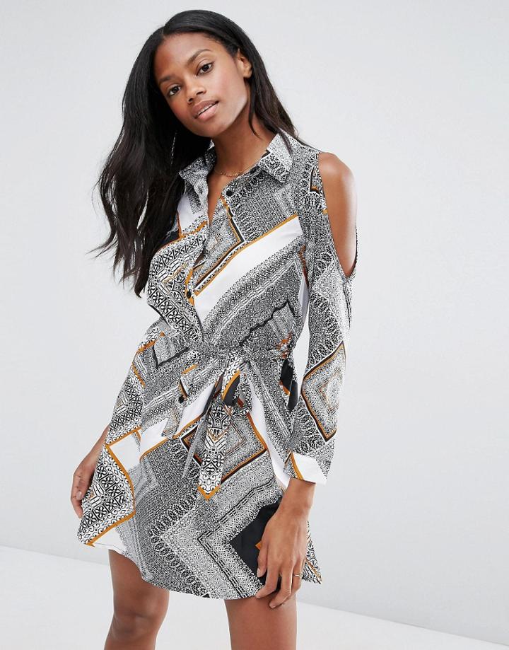 Influence Mono Print Cold Shoulder Shirt Dress - Multi