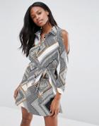 Influence Mono Print Cold Shoulder Shirt Dress - Multi