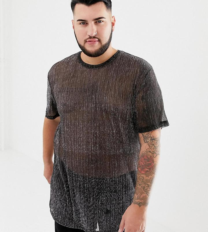 Asos Design Plus Relaxed Longline T-shirt In Sheer Metallic Fabric In Silver - Silver