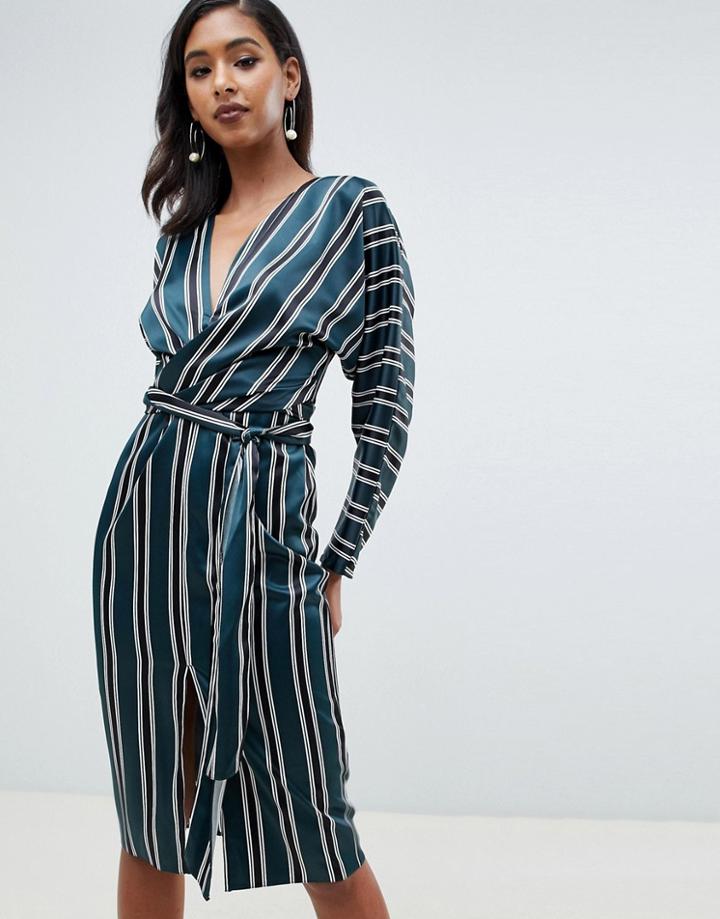 Asos Design Kimono Midi Dress In Stripe With Wrap Waist - Multi