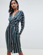 Asos Design Kimono Midi Dress In Stripe With Wrap Waist - Multi