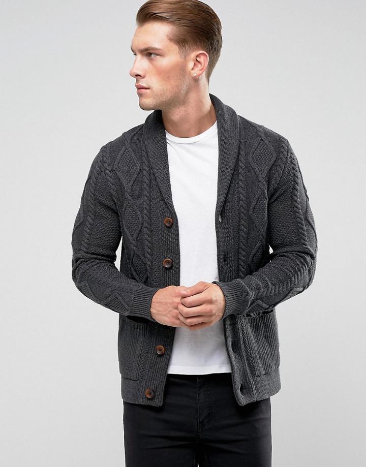 Jack & Jones Vintage Shawl Cardigan With Cable Detail - Gray