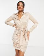 Club L London Belted Shirt Dress With Ruched Skirt Detail In Stone-neutral