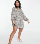Asos Design Petite Button Through Mini Smock Dress With Long Sleeves In Pink And White Floral