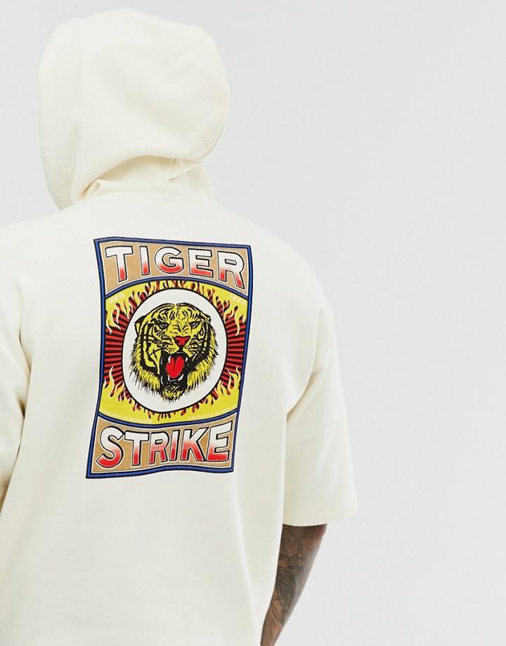 Asos Design Oversized Short Sleeve Hoodie With Tiger Back Print - Beige