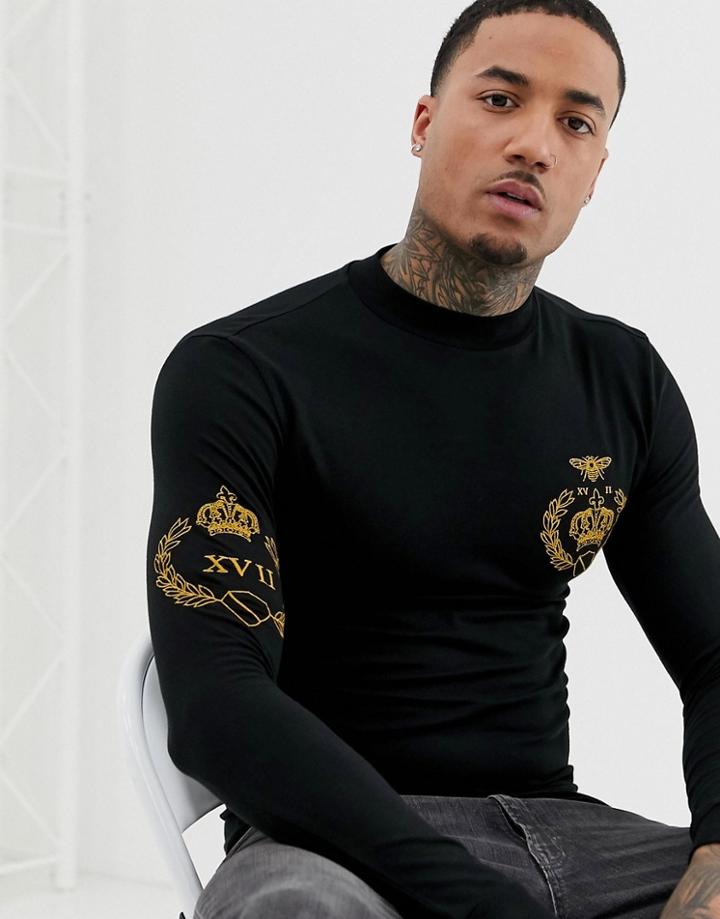 Asos Design Muscle Fit Long Sleeve T-shirt With Turtleneck And Emblem Embroidery - Black