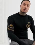 Asos Design Muscle Fit Long Sleeve T-shirt With Turtleneck And Emblem Embroidery - Black