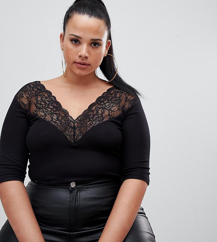 Asos Design Curve Top With Lace Bardot Off Shoulder Trim - Black