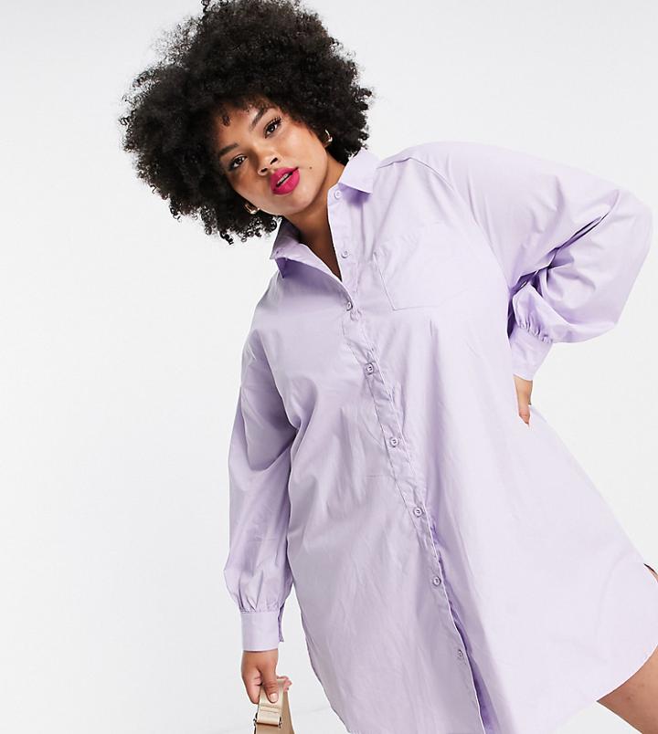 Lola May Plus Balloon Sleeve Poplin Shirt Dress-blue
