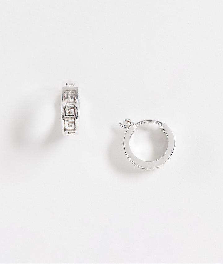 Asos Design 12mm Hoop Earrings With Greek Wave Design In Silver Tone