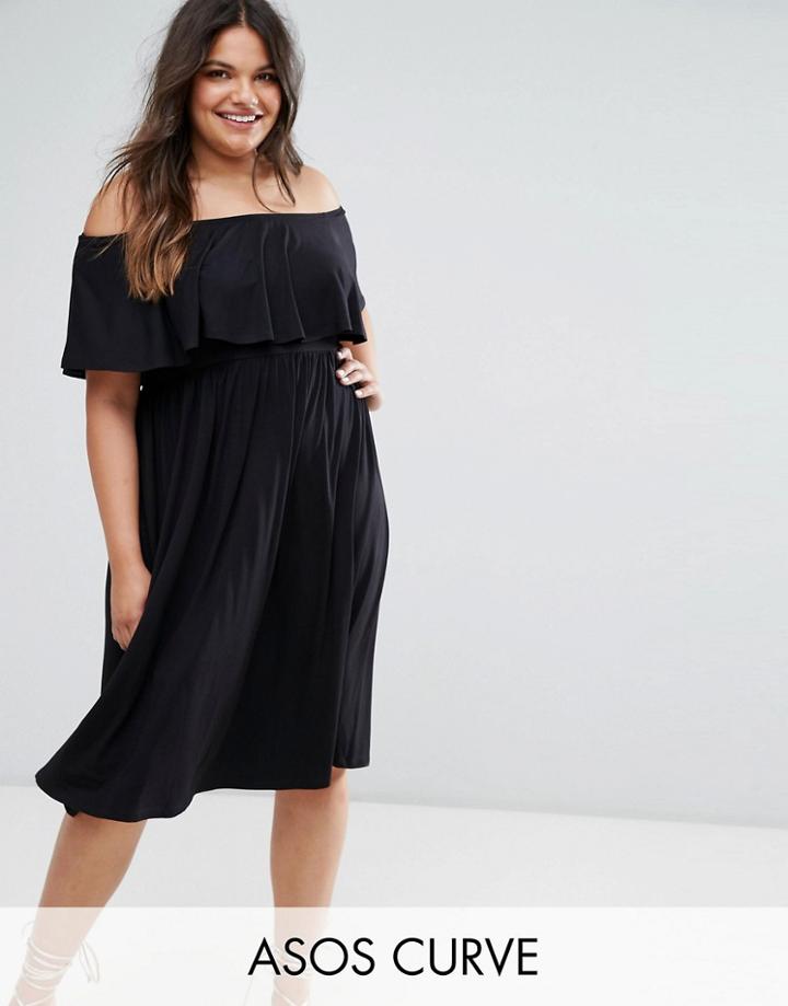 Asos Curve Ruffle Bardot Midi Skater Dress - Black
