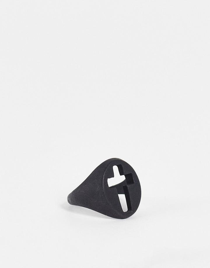 Asos Design Signet Ring With Cut Out Cross In Matte Black