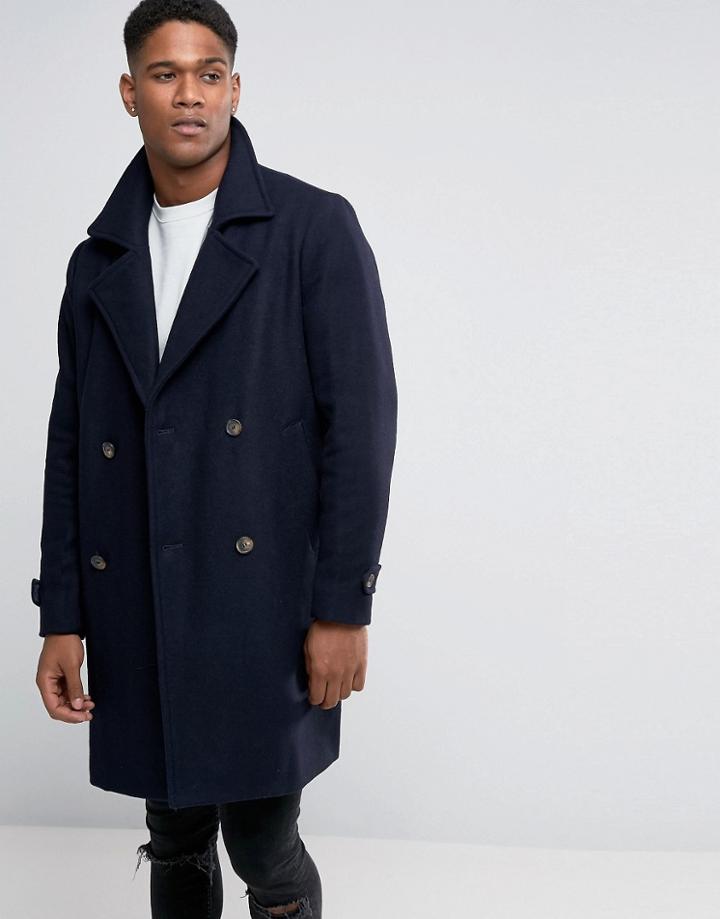 Pull & Bear Wool Coat In Navy - Navy
