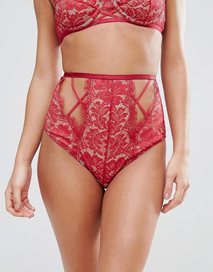 Asos Sofia Eyelash Strappy Lace Highwaist Pant - Red