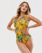 Asos Design One Shoulder Ruched Swimsuit Exotic Tropical Print - Multi
