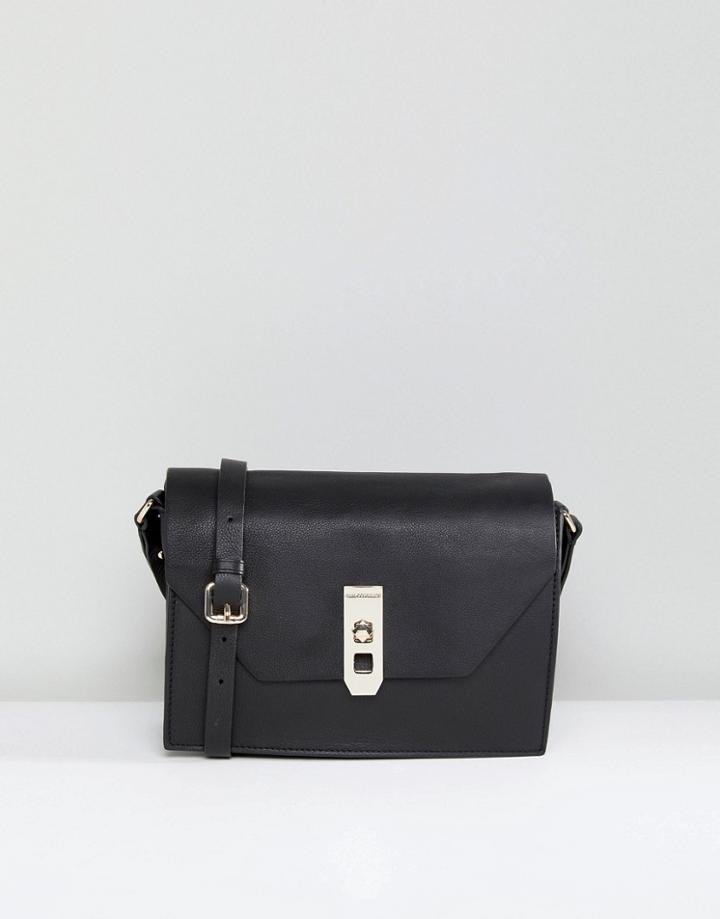 Paul Costelloe Real Leather Black Cross Body Box Bag With Gold Closure - Black