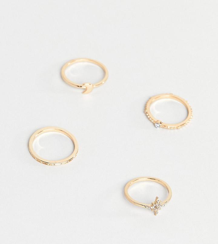 Asos Design Curve Pack Of 4 Rings With Star And Moon Design In Gold - Gold