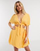 Asos Design Mix And Match Tie Front Beach Crop In Crinkle-orange
