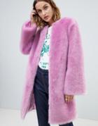 Asos Design Faux Fur Midi Coat With Flared Sleeve - Pink
