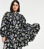 Asos Design Curve Cotton Poplin Pintuck Yoke Mini Skater Dress In Black Floral Print-multi
