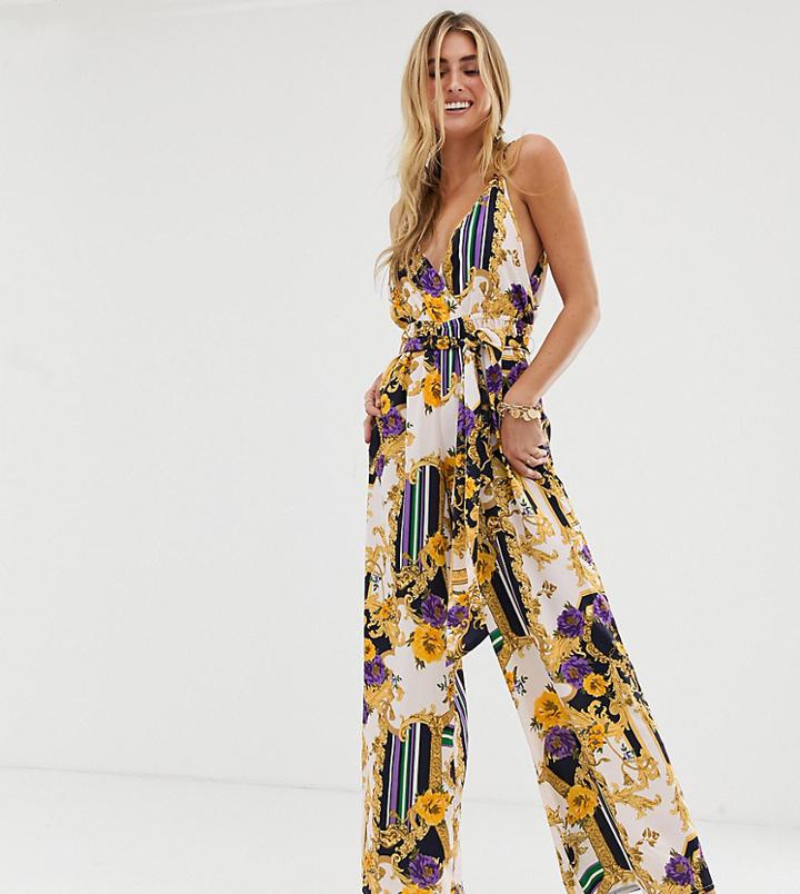 River Island Beach Jumpsuit In Scarf Print - Navy