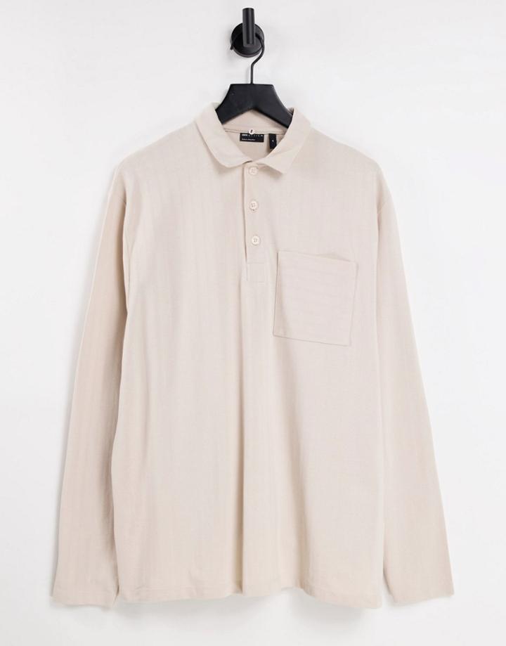 Asos Design Relaxed Long Sleeve Polo In Fancy Pique Rib In Beige-neutral