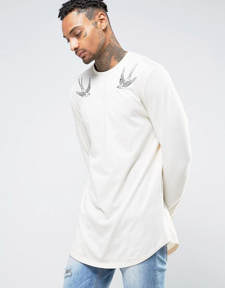 Asos Super Longline Long Sleeve T-shirt With Swallow Embroidery And Cu