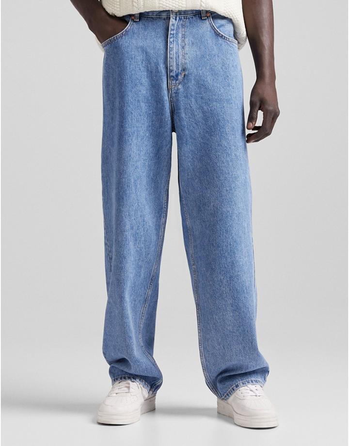 Bershka 90's Baggy Jeans In Mid Blue-blues