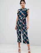 Oasis Fitzwilliam Collection Jumpsuit In Floral Print With Frill Shoulder - Navy