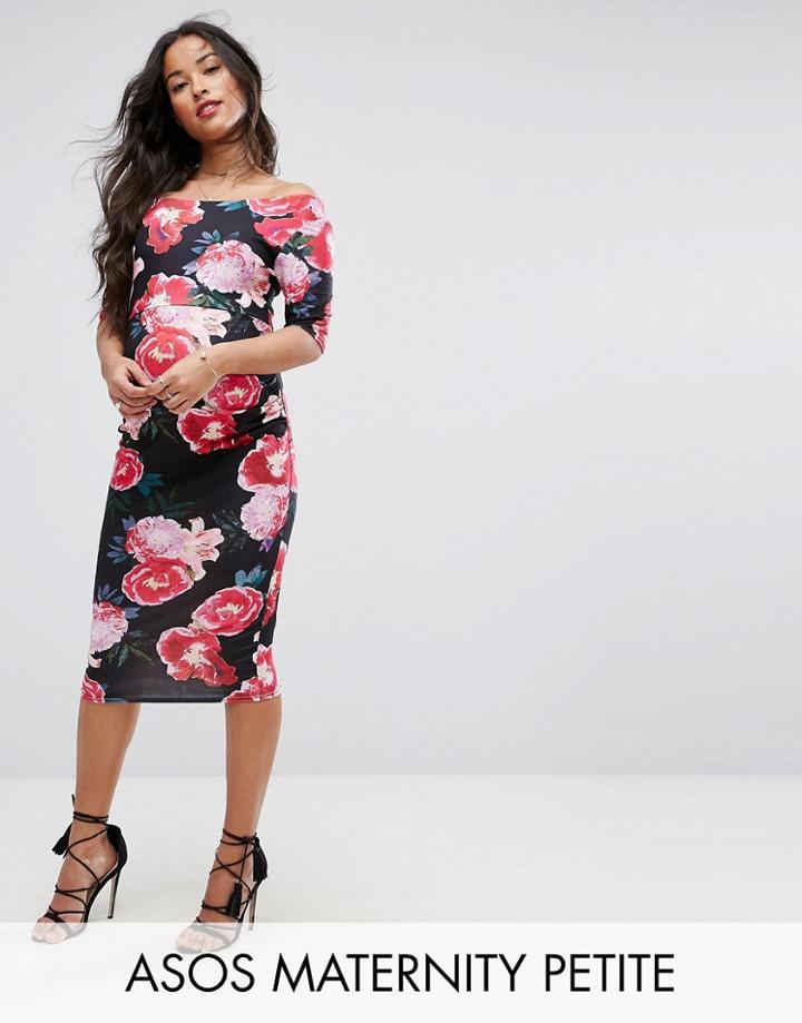 Asos Maternity Petite Bardot Dress With Half Sleeve In Dark Floral Print - Multi