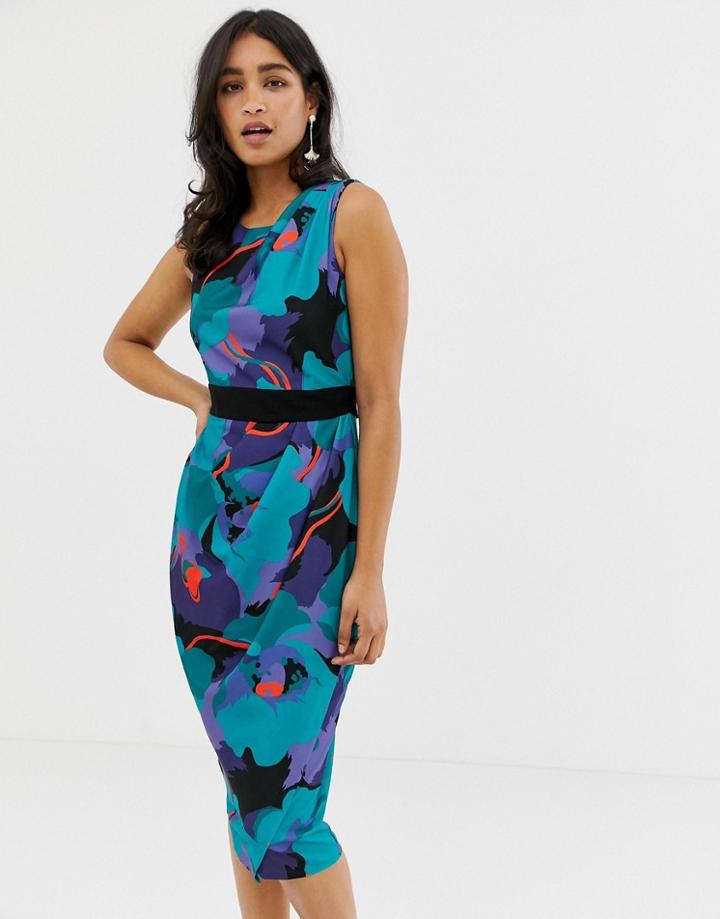 Closet Contrast Print Draped Midi Dress - Multi