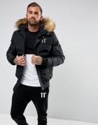 11 Degrees Puffer Jacket In Black With Faux Fur Hood - Black