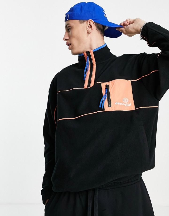 Asos Daysocial Oversized Quarter Zip Polar Fleece With Color Pop Details In Black