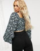 Naanaa Ruched Front Milkmaid Crop Top In Black Floral