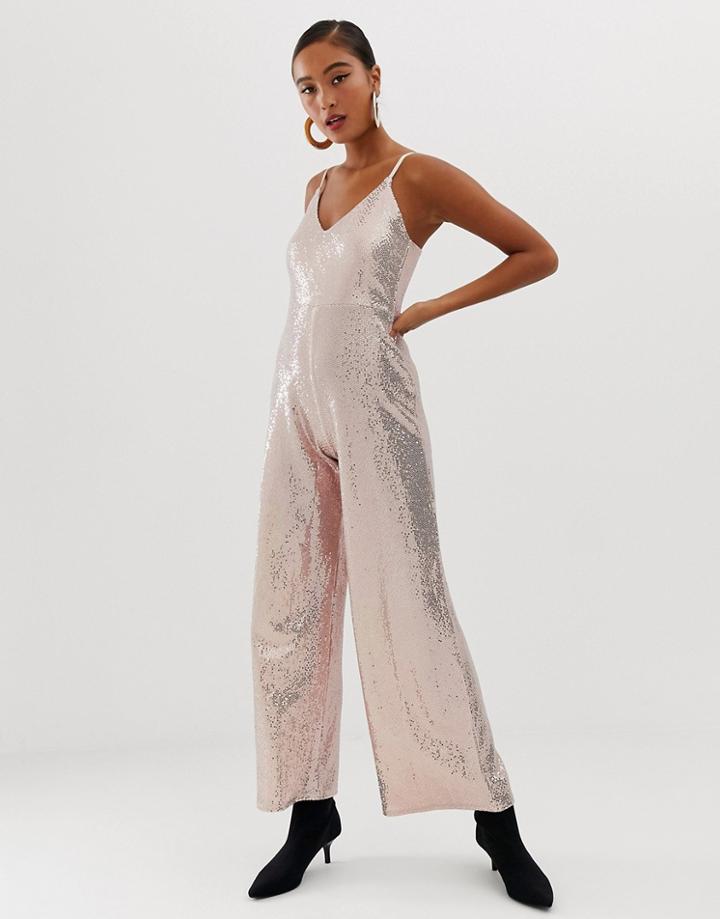 Miss Selfridge Wide Leg Jumpsuit In Gold Sequin - Gold