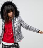 River Island Faux Fur Hooded Metallic Jacket - Silver