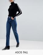 Asos Tall Florence Authentic Straight Leg High Waisted Jeans In Dark Stone Wash With Raw Hem Detail - Blue
