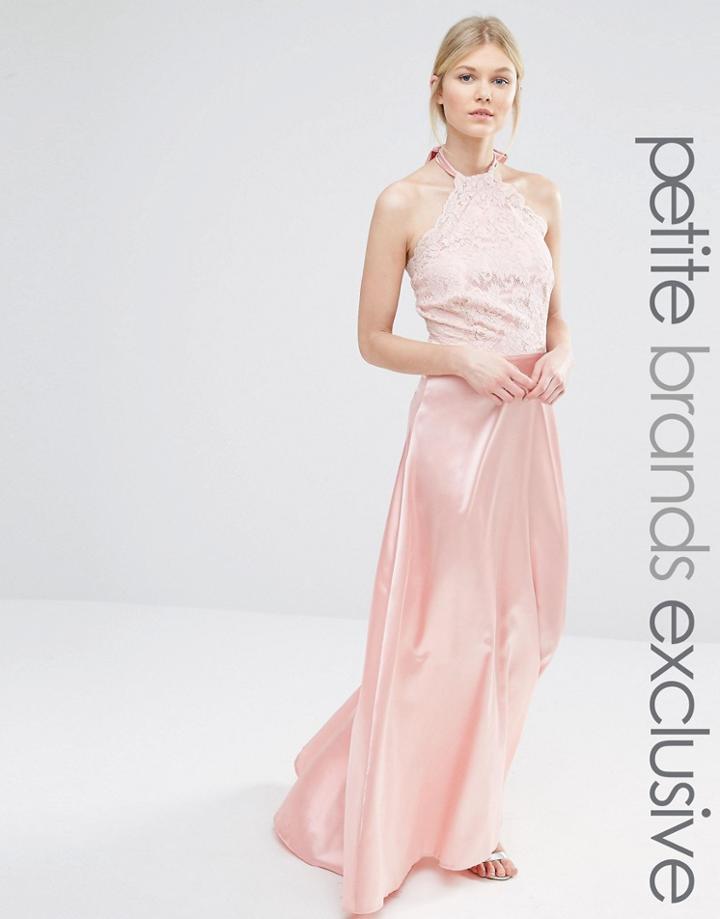 John Zack Petite Maxi Halter Dress With Lace Bodice And Sateen Skirt - Nude