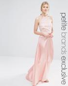 John Zack Petite Maxi Halter Dress With Lace Bodice And Sateen Skirt - Nude