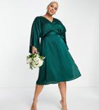 Tfnc Plus Bridesmaid Kimono Sleeve Satin Wrap Midi Dress In Emerald Green