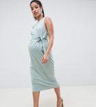 Asos Design Maternity Knot Front Slinky Midi Dress-multi