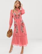Hope & Ivy Embroidered Midaxi Dress In Pink - Multi