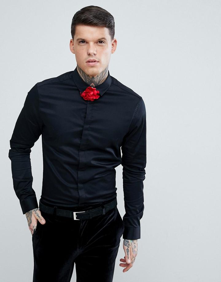 Asos Skinny Sateen Shirt With Rose Detail Neck Tie - Black