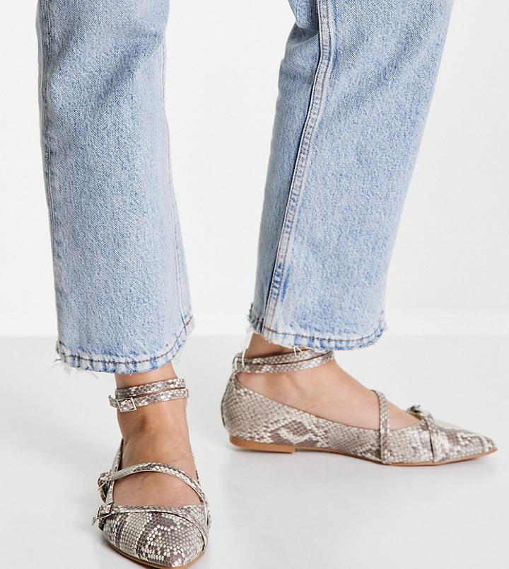 Asos Design Wide Fit Ludo Strappy Patternwork Pointed Ballet Flats In Snake-multi