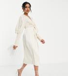 Collective The Label Petite Exclusive Plunge Tie Front Midi Dress In Oyster-white