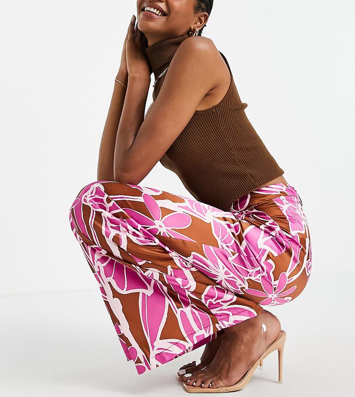 Liquorish Tall Set Satin Pants In Abstract Floral Print-brown